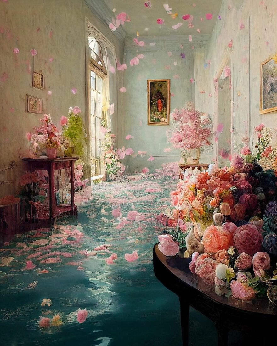 Dream world scene with vibrant flowers and floating petals in a sunlit vintage room, showcasing AI-generated beauty.