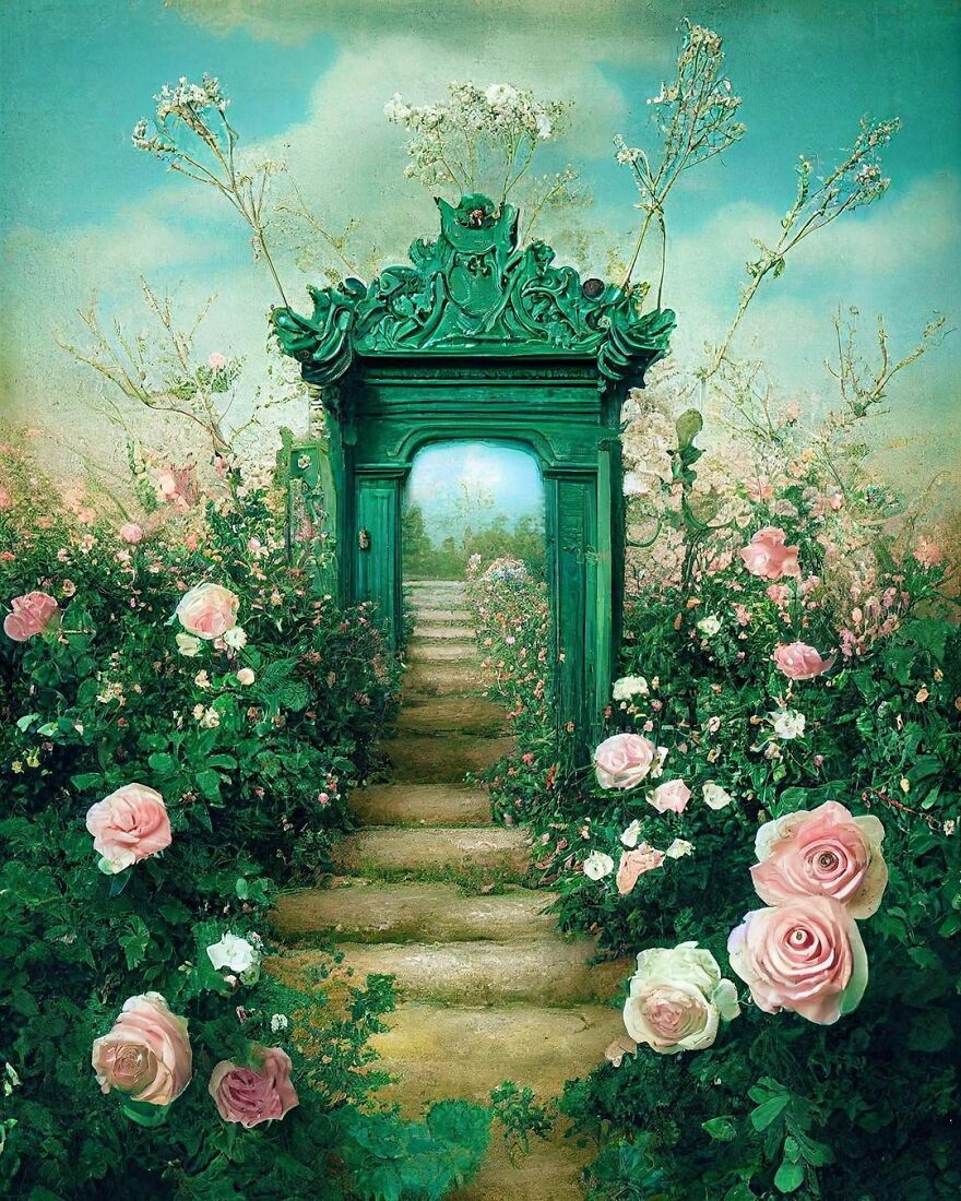 Surreal garden path with a green ornate door surrounded by pink roses and lush greenery in an AI dream world.
