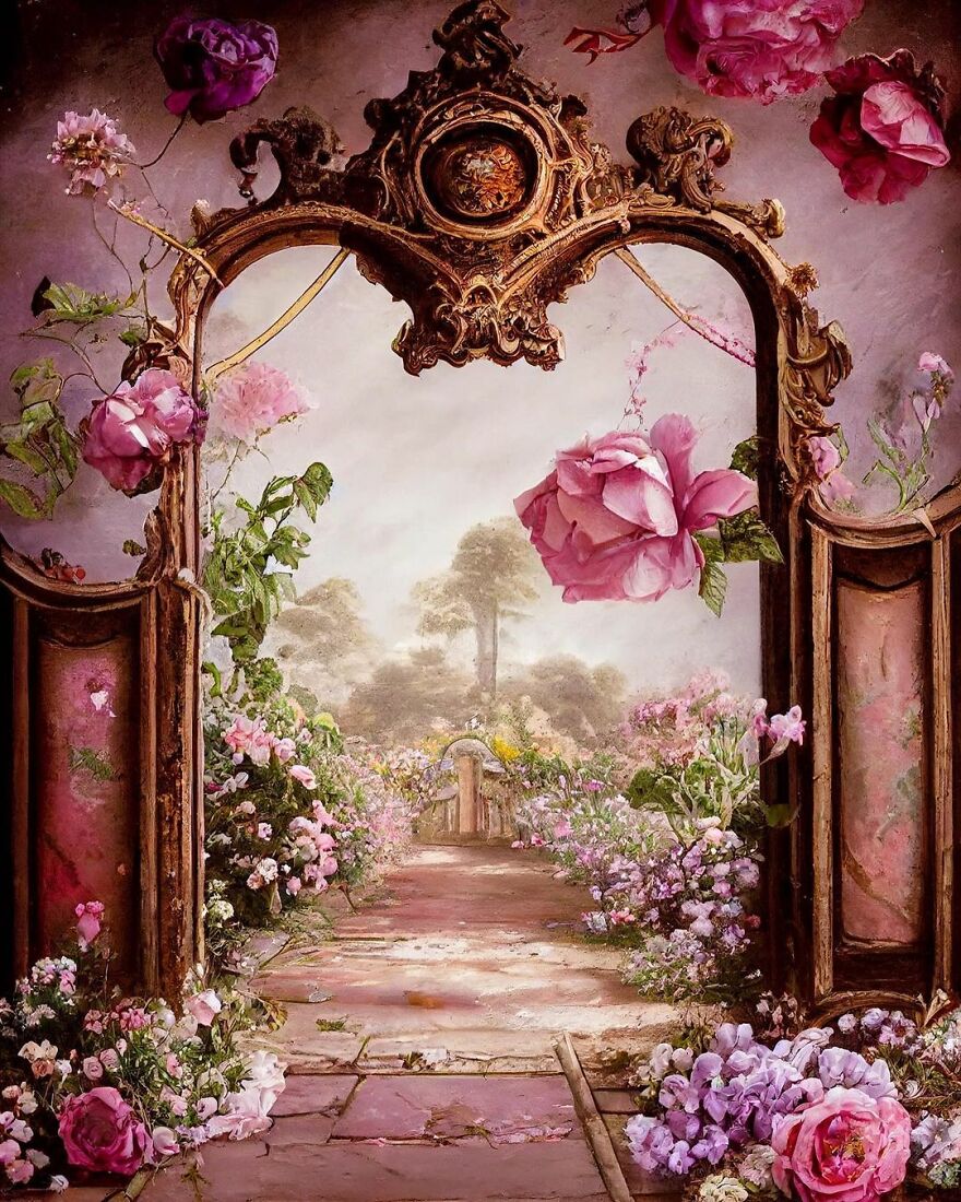 Dream world pathway framed by vintage ornate mirror with blooming pink flowers in a surreal AI-generated landscape.