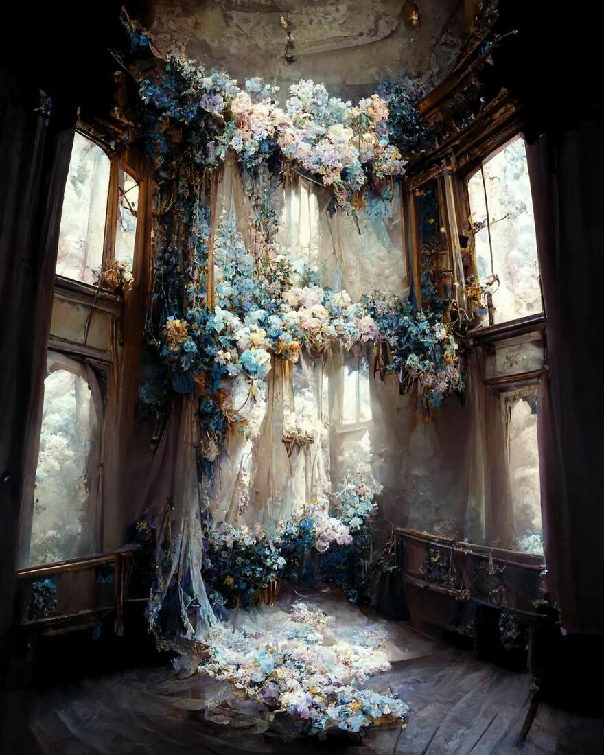 Dream world exploration showing a fantastical room filled with cascading blue and white flowers and soft natural light.