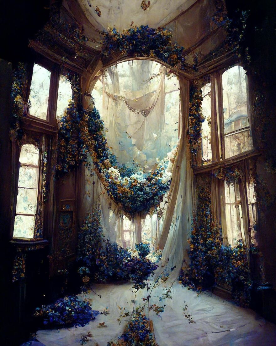 Dream world scene with ethereal blue and gold flowers filling a vintage room, showcasing beautiful AI-generated imagery.