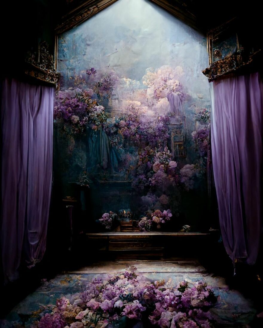Dream world scene with abundant purple flowers, soft lighting, and ornate curtains creating a mystical atmosphere using AI art.