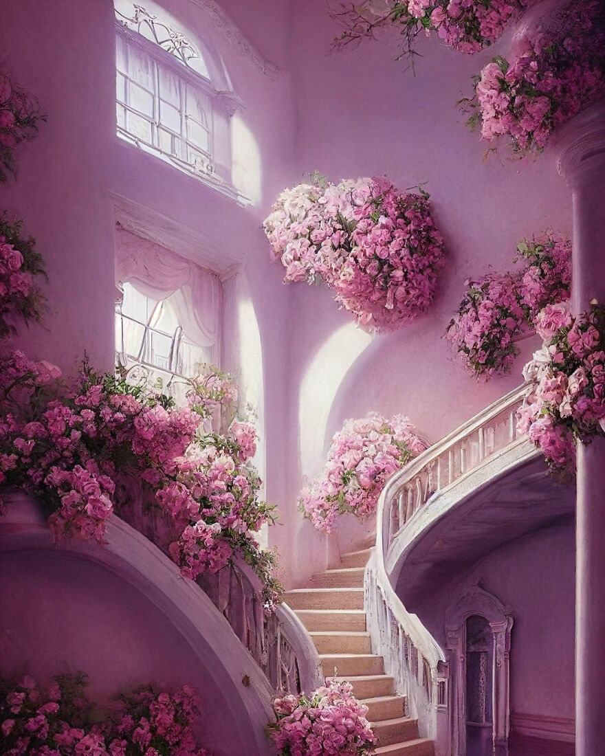 Dream world with pink floral decor along elegant staircase and soft natural light from large arched windows.