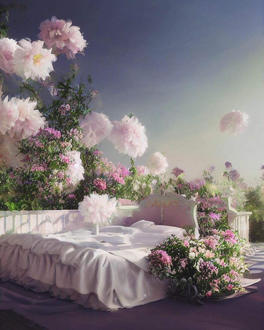 Dreamlike floral bedroom scene with soft pink flowers and lush greenery, showcasing AI-generated beautiful images.