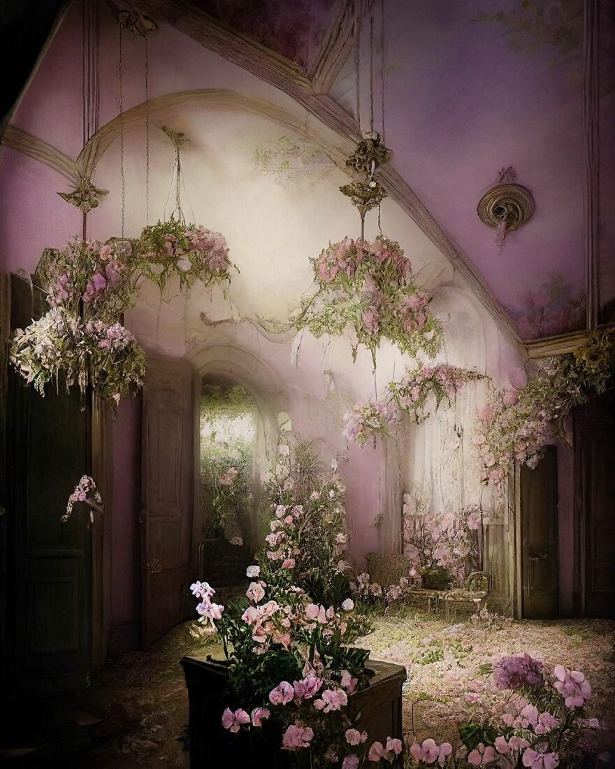 Ethereal room filled with pink flowers and greenery, showcasing a dream world created with AI for beautiful imagery.