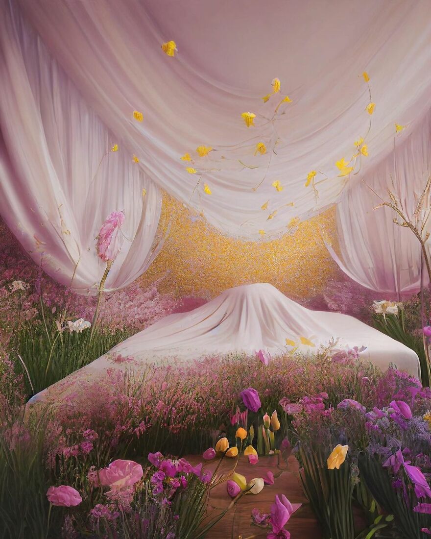 Dream world scene with flowing fabric ceiling, golden butterflies, and vibrant purple and yellow flowers in a surreal garden.
