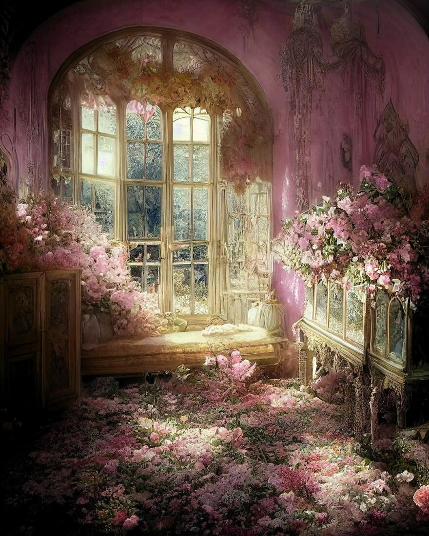 Dream world scene with lush pink flowers filling an ornate room and soft light streaming through tall windows.