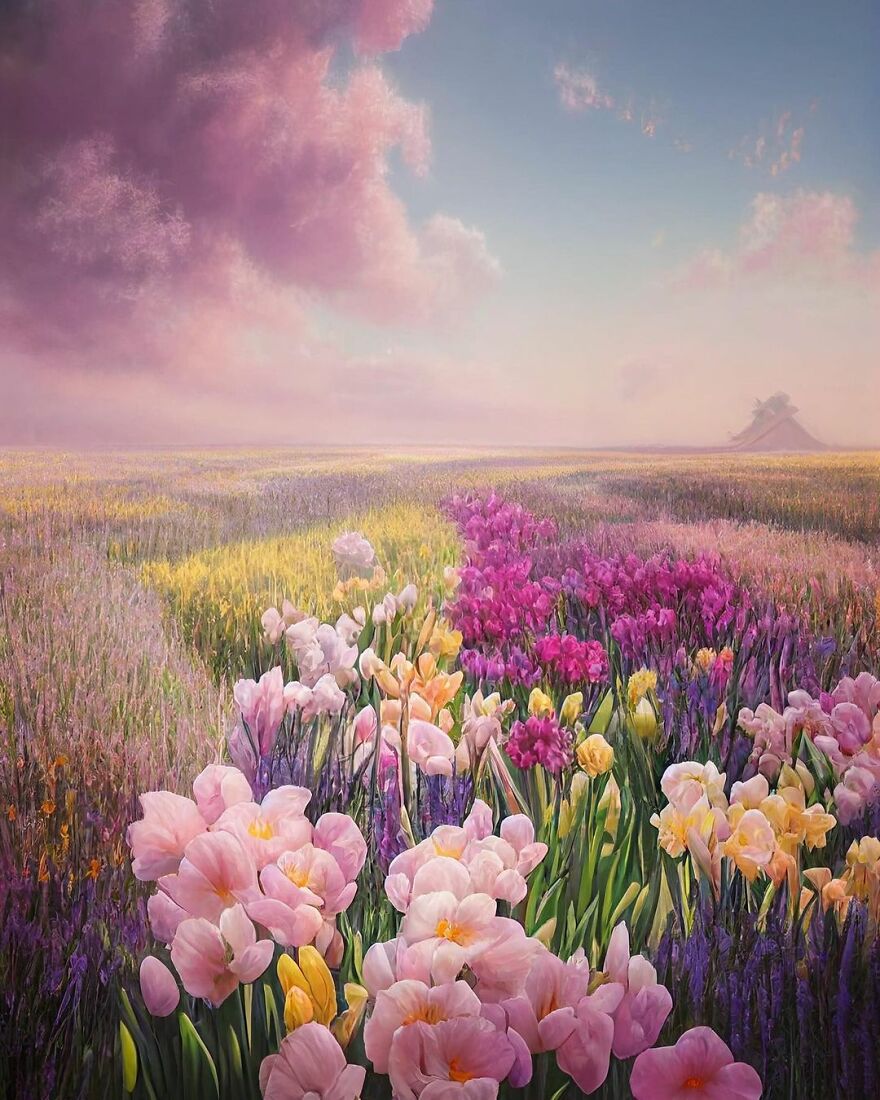 Vibrant dream world with colorful flowers under a pastel sky, showcasing beautiful AI-generated surreal landscape.