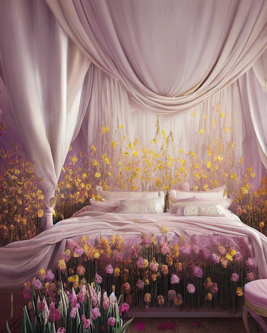 Dream world bedroom with flowing lavender drapes and vibrant yellow and pink flowers surrounding the bed, AI-generated beautiful image.
