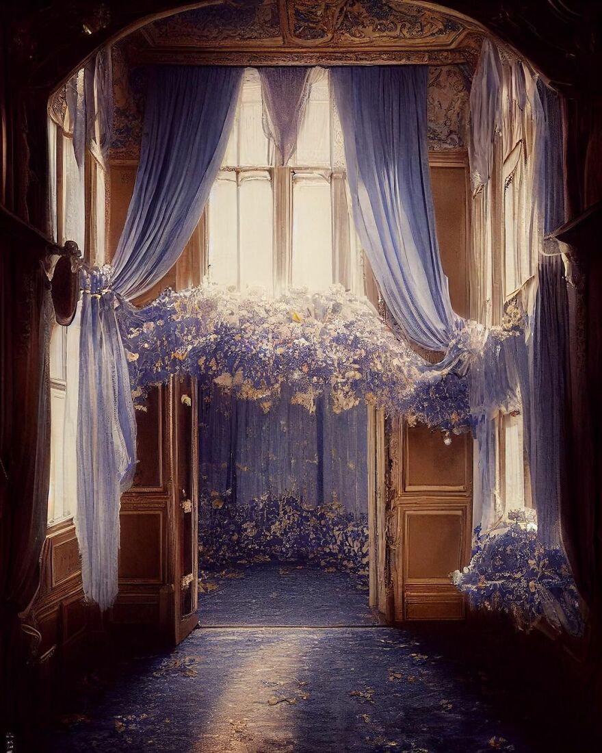 Dream world scene with elegant blue curtains and sparkling floral decorations in a softly lit vintage room created by AI.