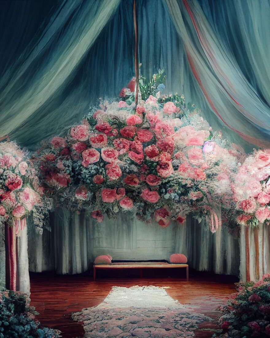 Dream world scene with a large hanging bouquet of pink flowers surrounded by soft draped fabric and a wooden bench.