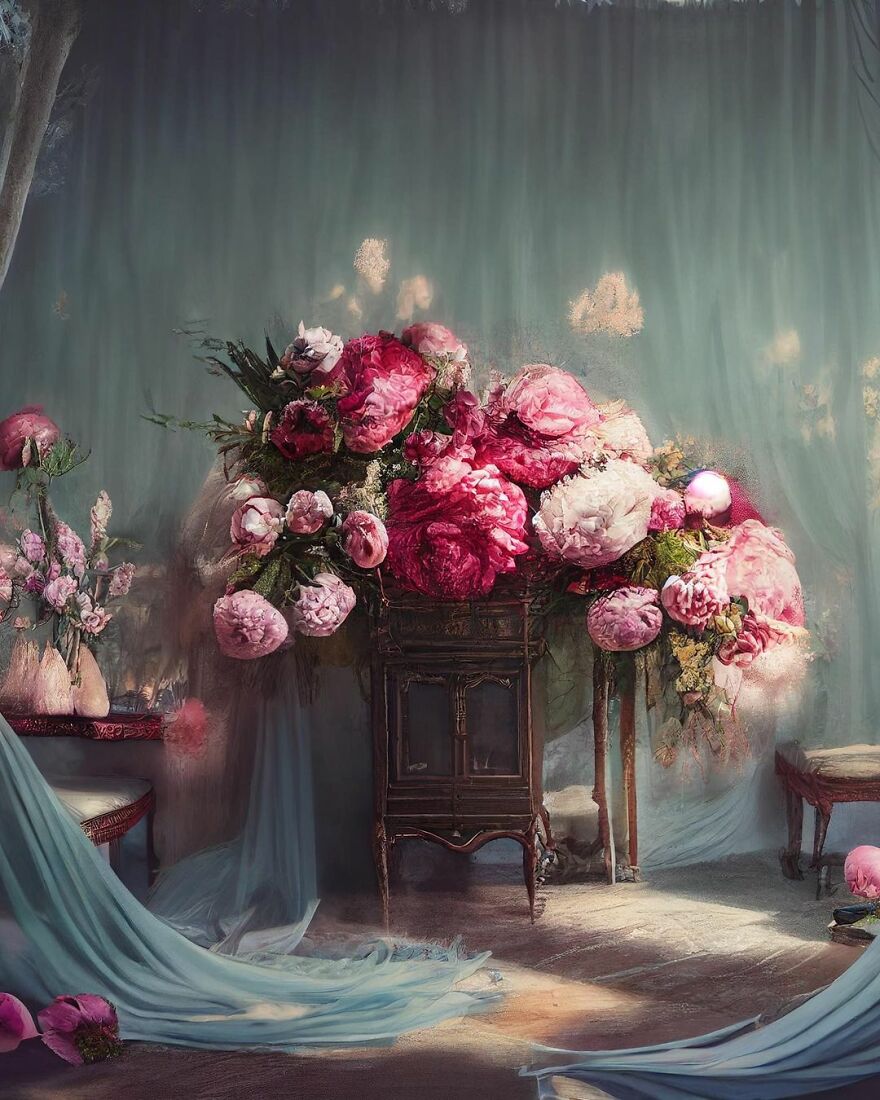 Elegant bouquet of pink and red flowers on vintage furniture with soft blue drapery in dreamy AI-generated scene.