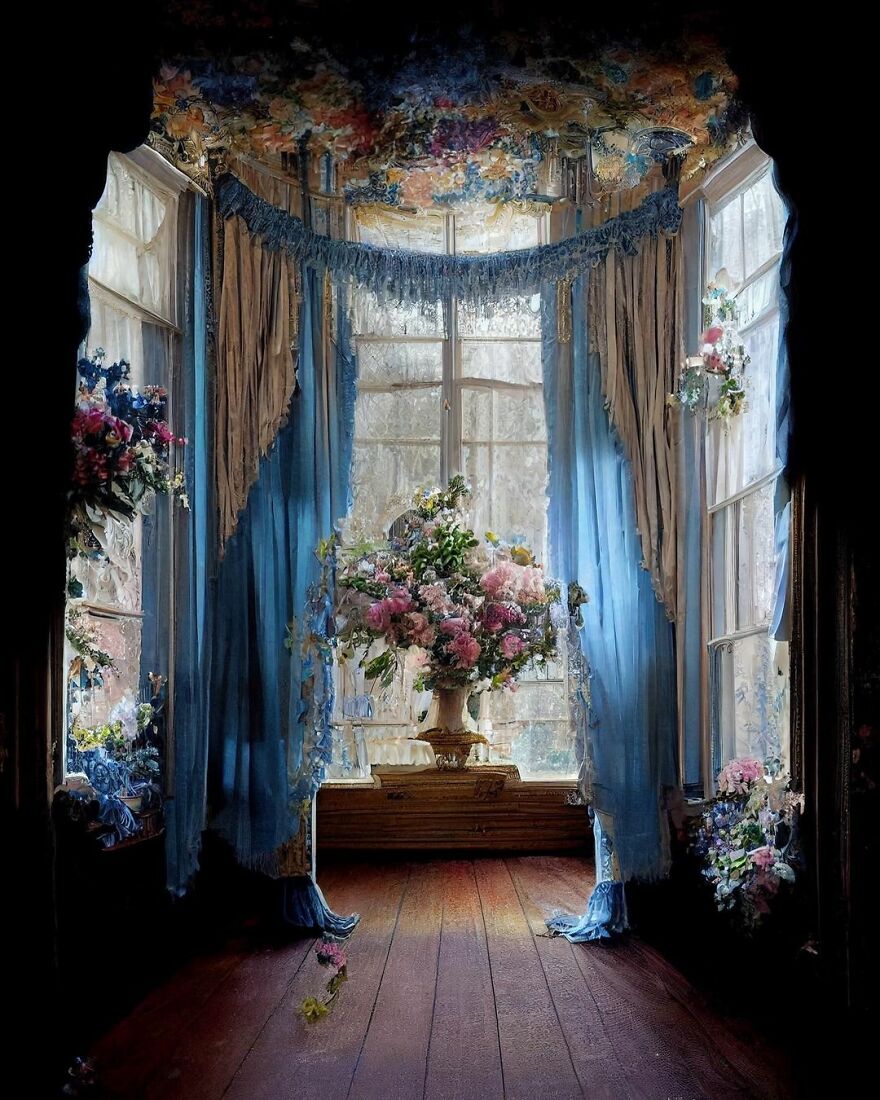 Elegant room with blue curtains and a large floral arrangement, showcasing beautiful dream world AI exploration imagery.
