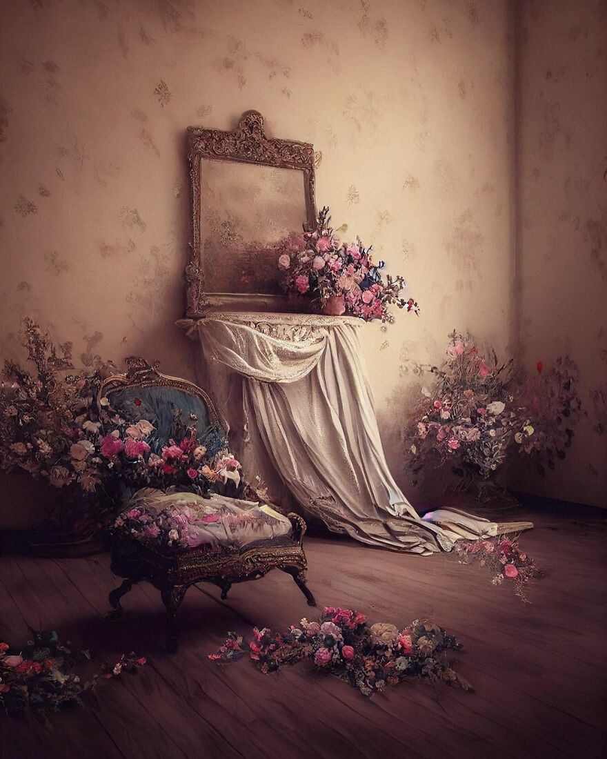 Vintage room with ornate chair, draped fabric, and abundant flowers, reflecting AI dream world exploration and beauty.