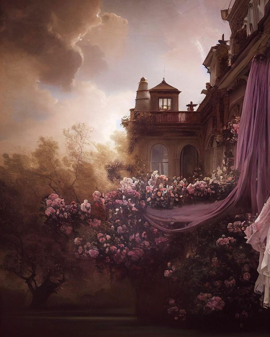 A dreamy, beautiful garden filled with blooming roses and soft light surrounding a vintage building, inspired by AI exploration.