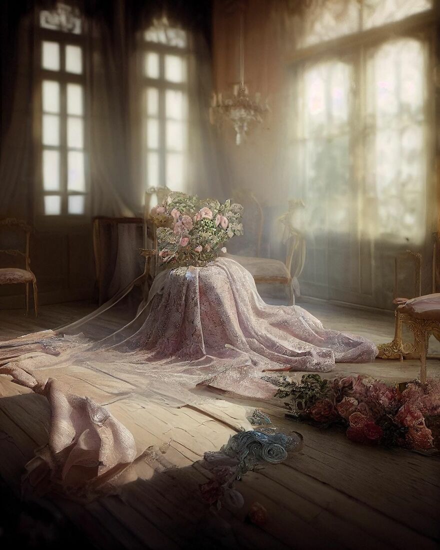 Ethereal room with soft light, delicate floral arrangements, and flowing fabrics, showcasing AI dream world exploration.
