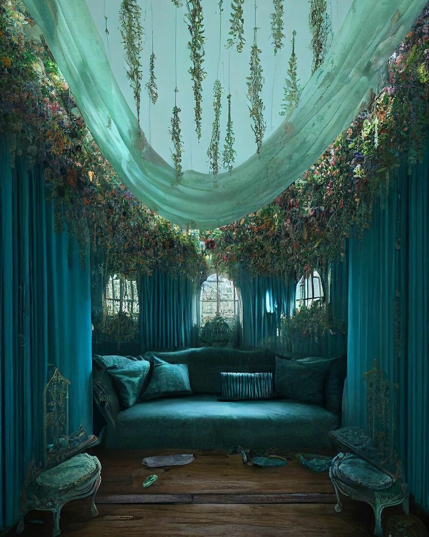 Dream world inspired room with teal velvet sofa, hanging greenery, sheer drapes, and floral decorations creating a beautiful scene.