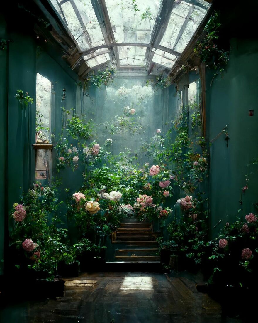 Lush indoor garden with blooming flowers and greenery under a glass ceiling in a dreamy AI-generated world.