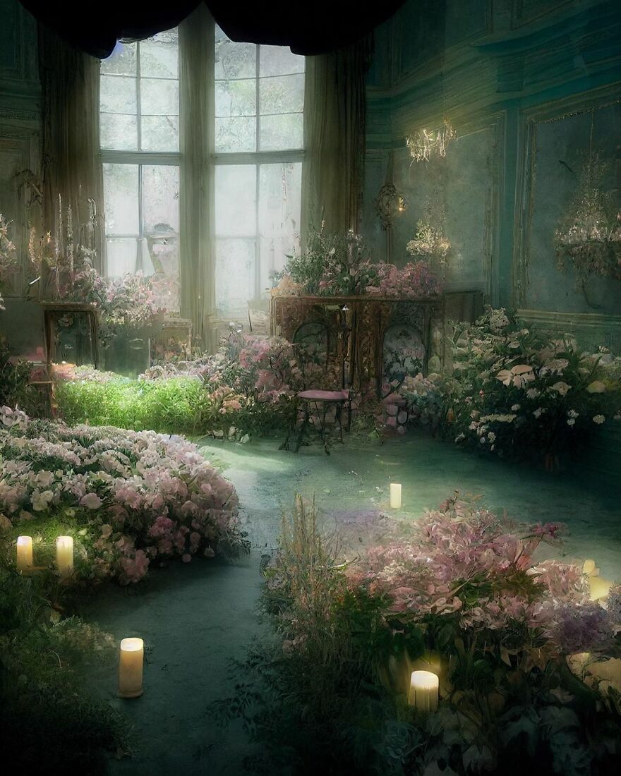 Dream world scene with lush flowers, glowing candles, and soft natural light filling an ethereal vintage room.