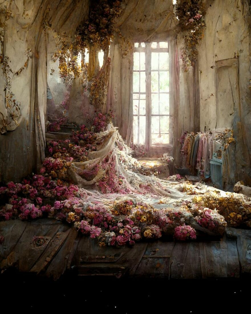 Abandoned room filled with cascading flowers and soft natural light creating a beautiful AI dream world scene.