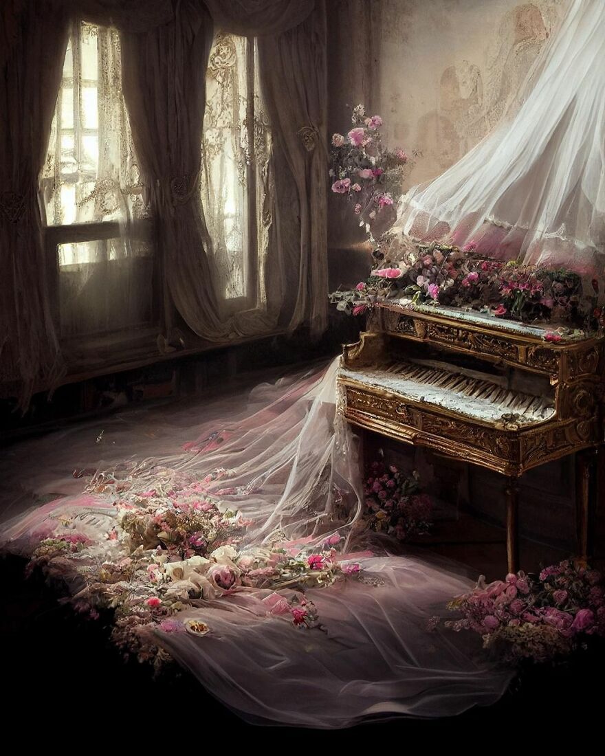 Vintage ornate piano adorned with flowers and flowing sheer fabric in a softly lit dream world inspired by AI exploration.