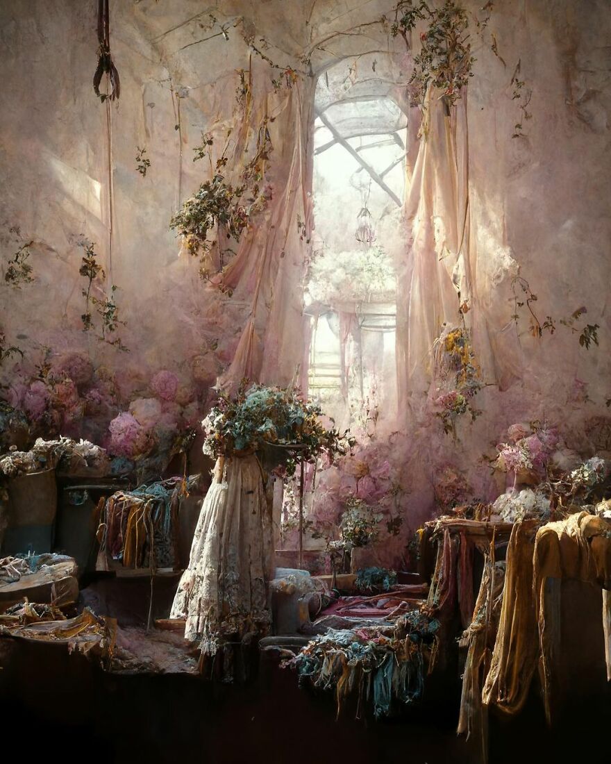 Dream world scene with soft light, floral decorations, and vintage fabrics creating a beautiful AI-generated image.