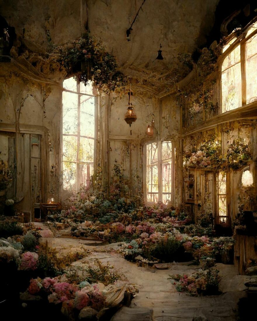 Dream world scene with an overgrown vintage room filled with colorful flowers and soft natural light streaming through tall windows.
