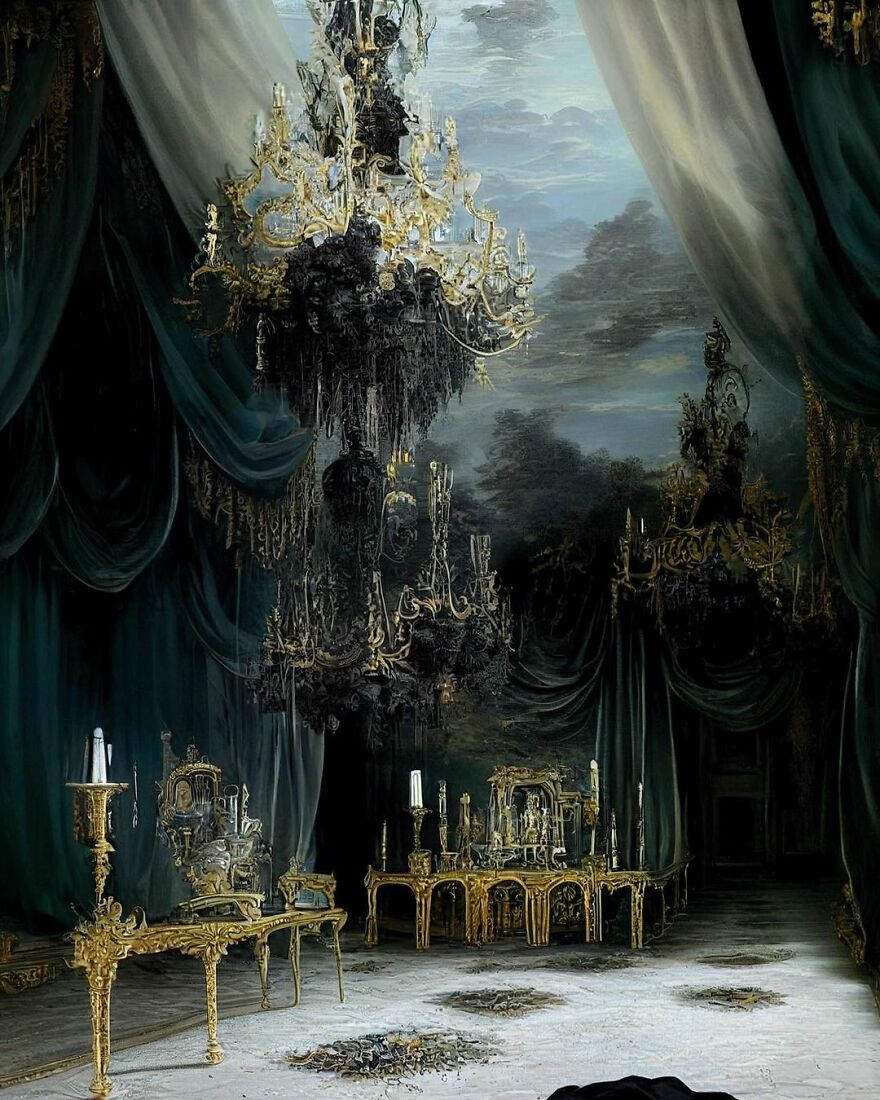 Dark dream world with ornate golden chandeliers and antique furniture in a mysterious, surreal AI-generated setting.