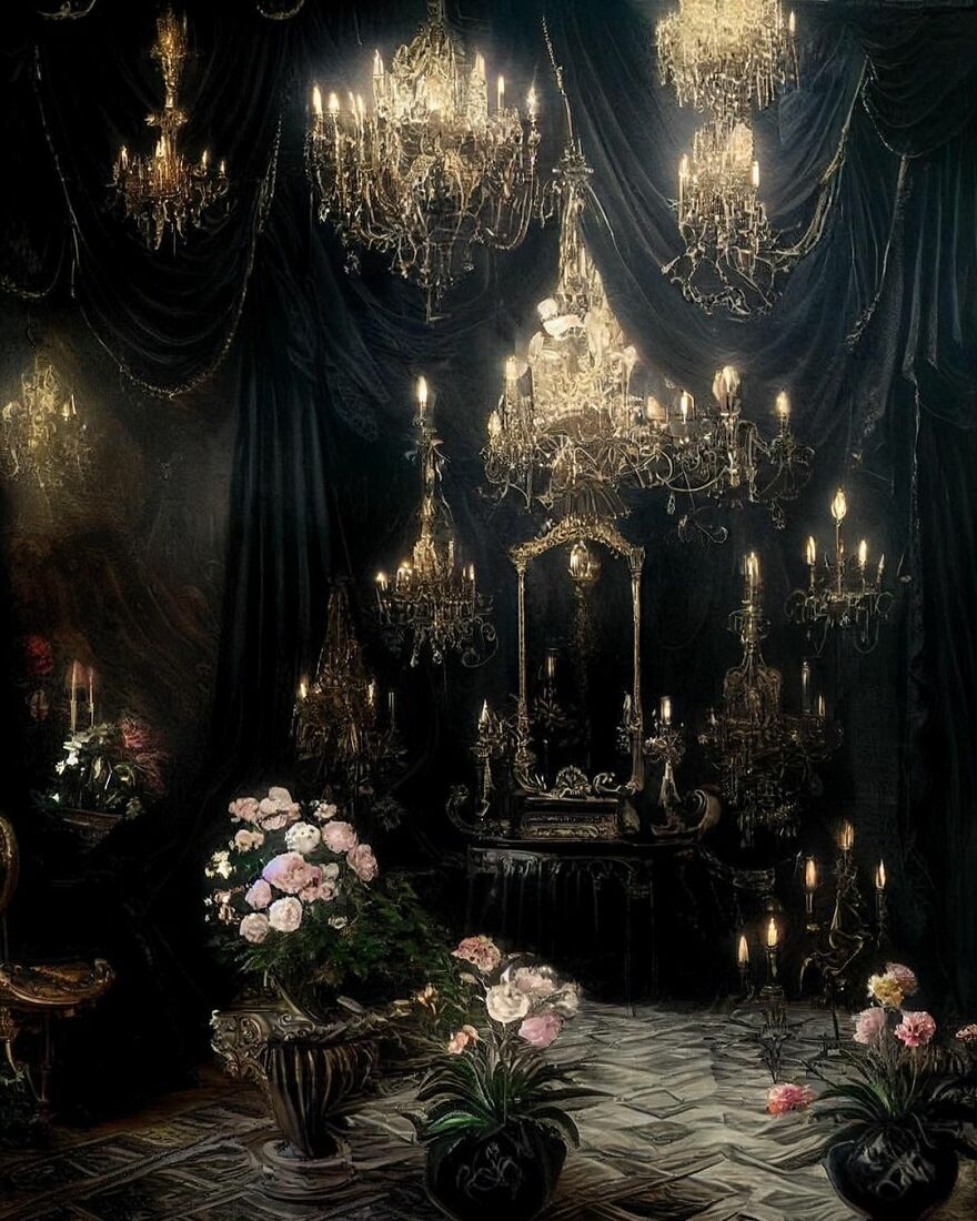 Dark dream world scene with glowing chandeliers, ornate mirror, and blooming flowers in luxurious vintage interior.