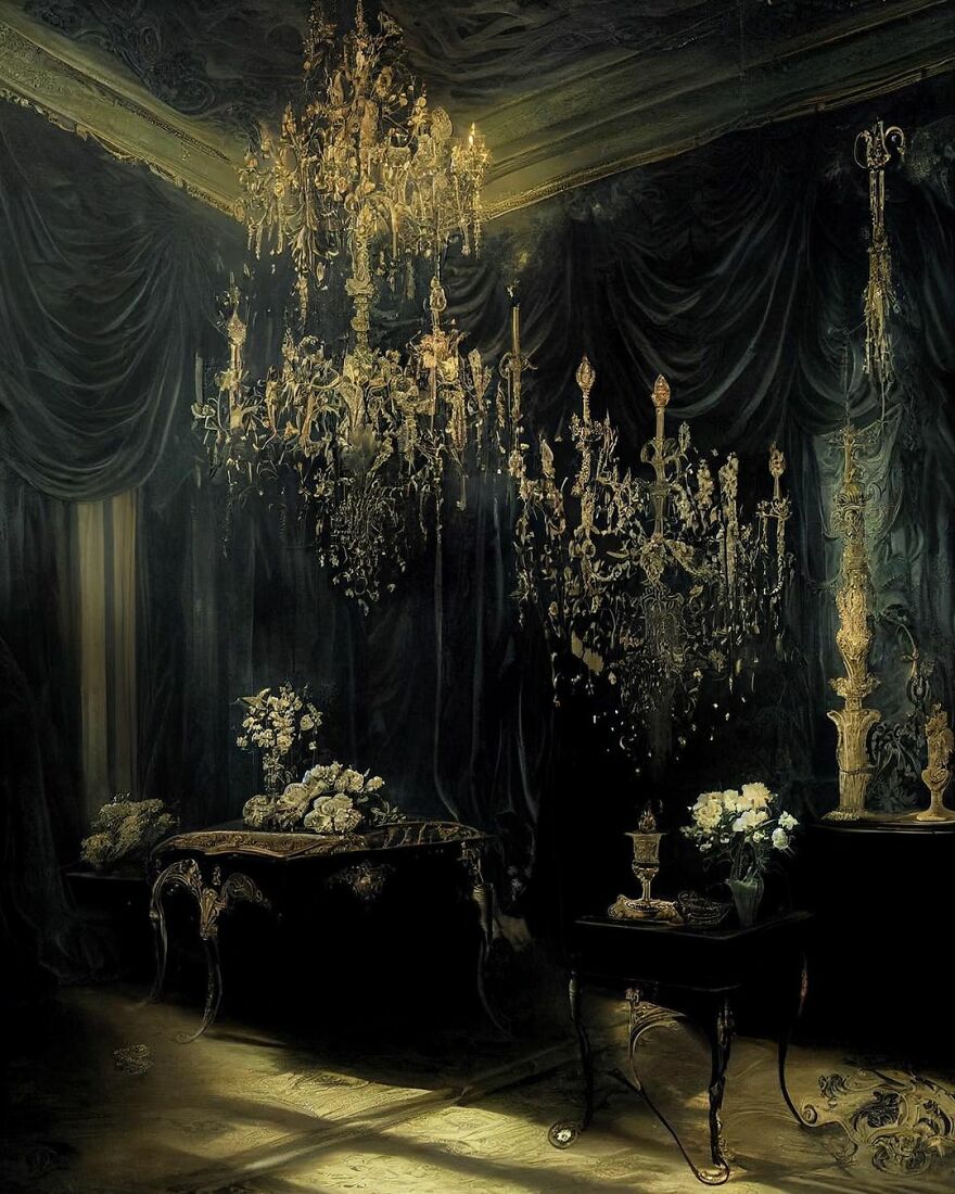Luxurious dream world interior with ornate chandeliers, elegant tables, and floral arrangements in a dark, moody setting.