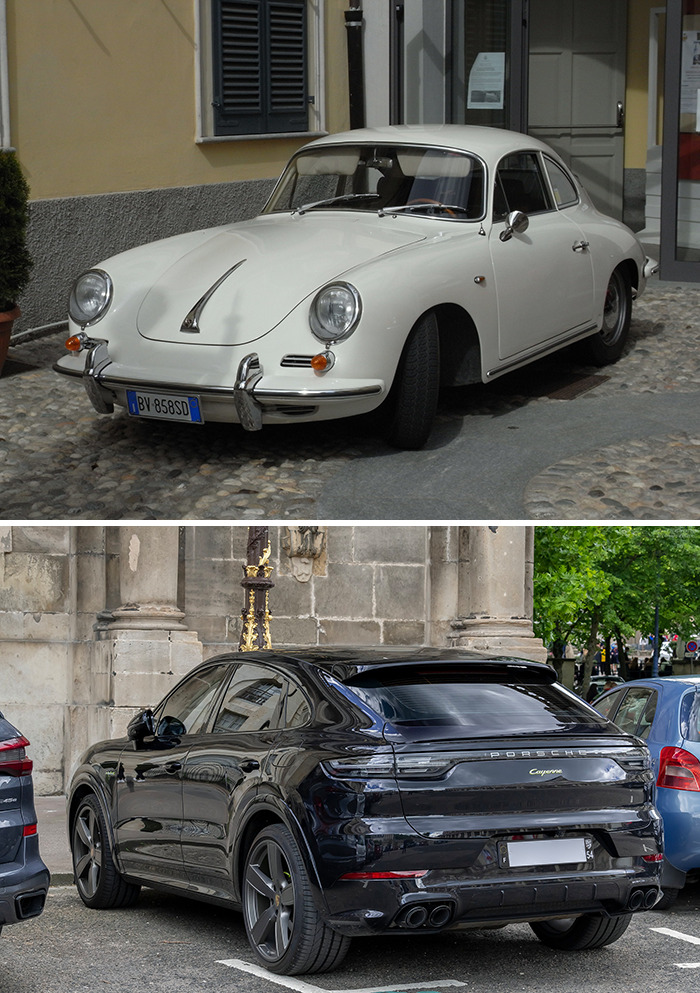 Porsche 356 (1948) vs. Porsche Cayenne E-Hybrid Coupe (2021)