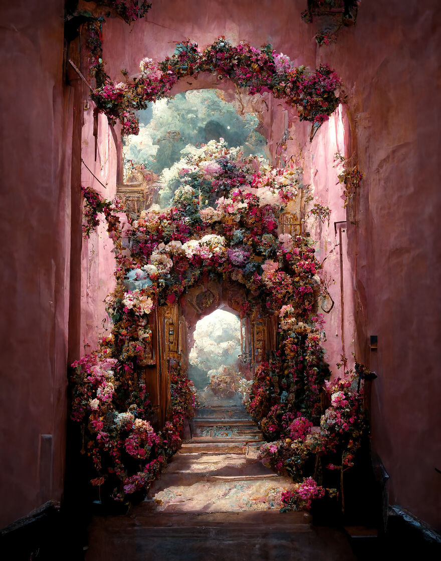 Dream world explored with AI showing a floral archway leading to a mystical, colorful garden filled with vibrant flowers.