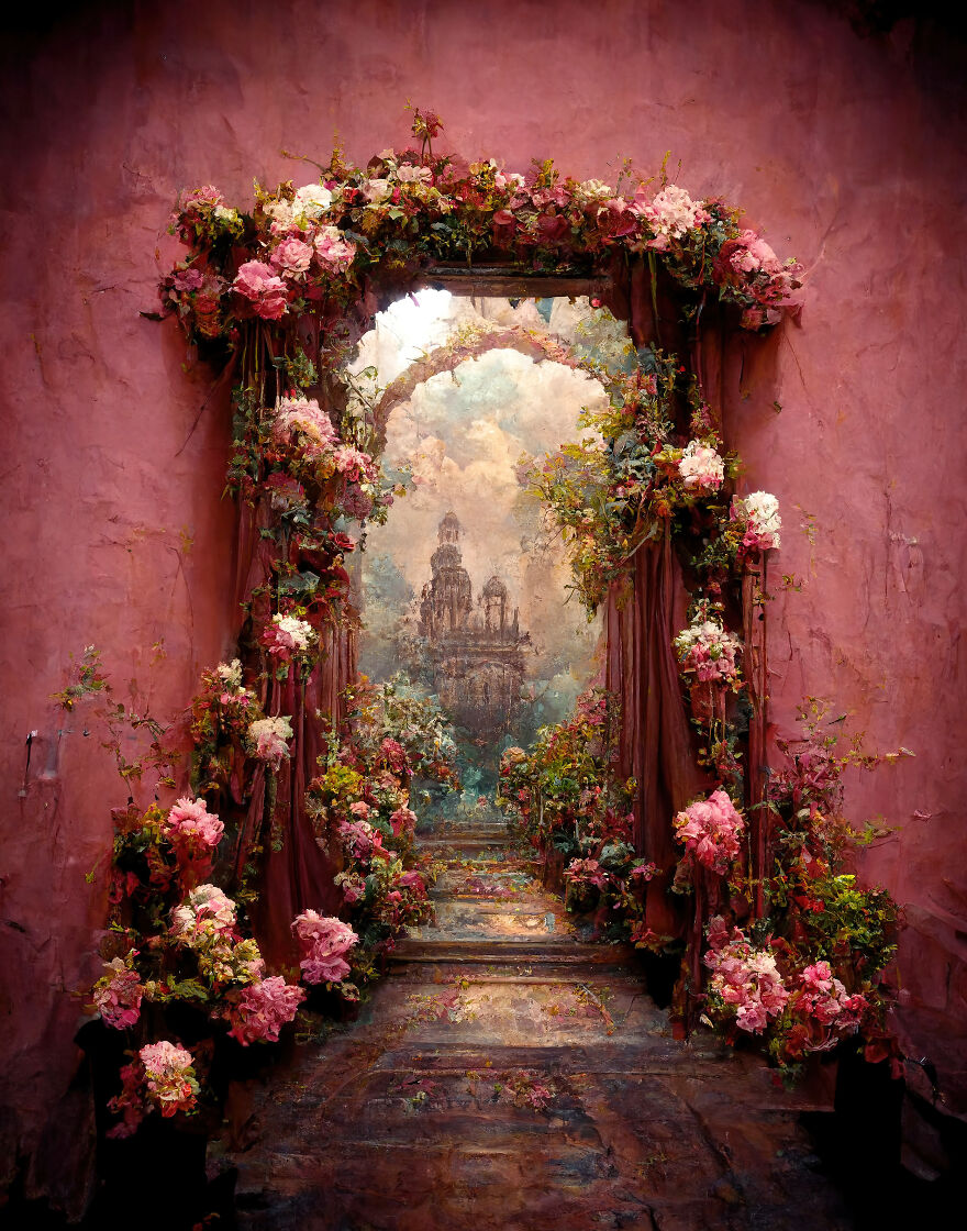 Dream world exploration with AI showing a floral archway leading to a mystical castle surrounded by lush flowers and vines.