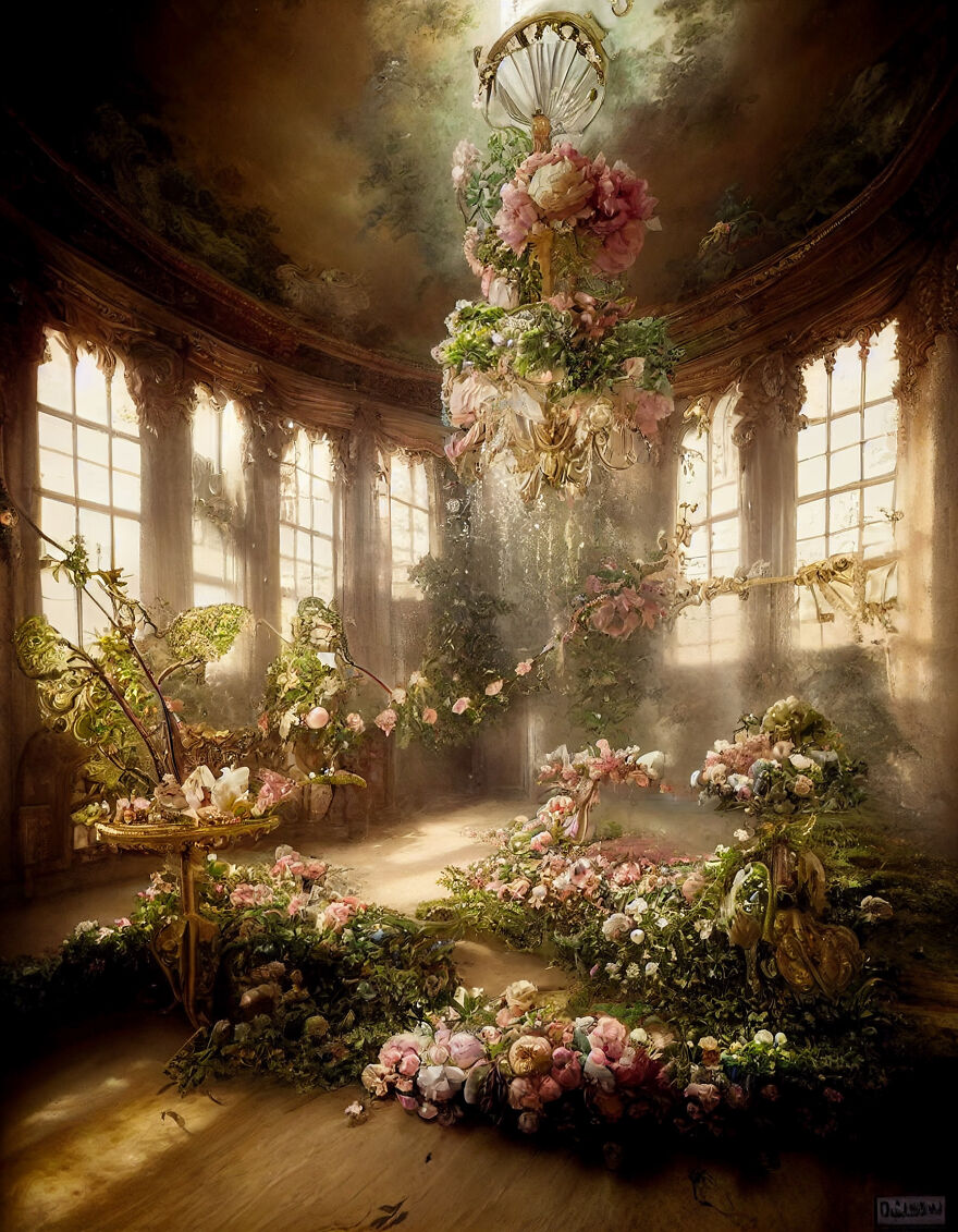 Ornate room filled with cascading flowers and greenery, bathed in soft sunlight, showcasing dream world beauty with AI art.