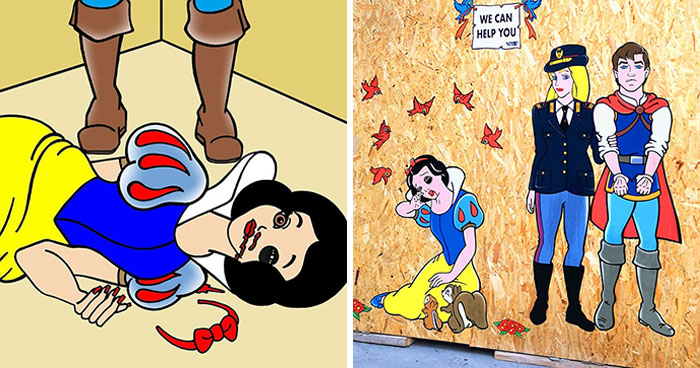 This Artist Created An Awareness Series By Portraying Cartoon Characters As Victims Of Violence Or Breast Cancer