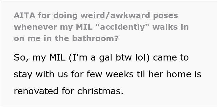 “My Husband Was Livid”: Woman Waits For Her MIL In The Bathroom In Weird Poses, Suspecting She Is Not Walking In On Her Accidentally “My Husband Was Livid”: Woman Waits For Her MIL In The Bathroom In Weird Poses, Suspecting She Is Not Walking In On Her Accidentally