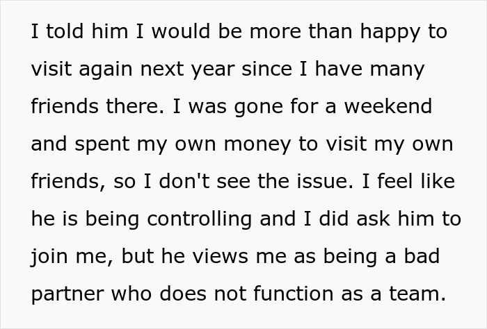 &ldquo;[Am I The Jerk] For Going On A Weekend Trip Alone That My Partner Couldn&rsquo;t Afford?&rdquo;