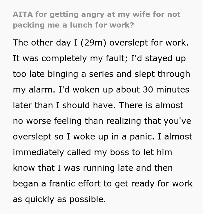 Guy Oversleeps For Work, Loses It After Seeing That His Wife Didn't Lift A Finger To Help Him With Lunch