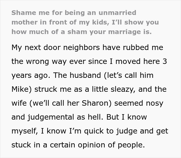 ‘Karen' Neighbor Shames Single Mom For Her "Poor Decisions", The Mom Decides To Take Revenge By 'Testing' Her Husband ‘Karen' Neighbor Shames Single Mom For Her "Poor Decisions", The Mom Decides To Take Revenge By 'Testing' Her Husband