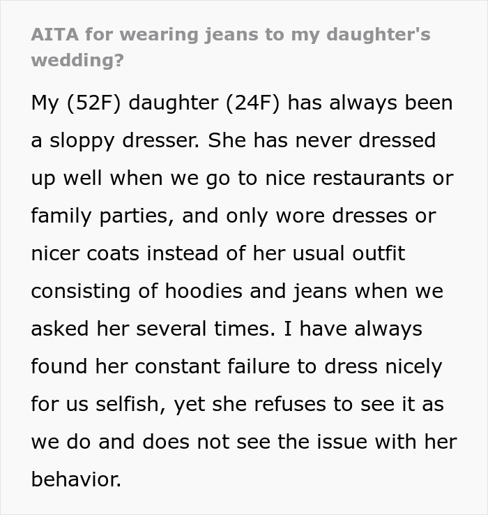 Mom Wonders If She's A Jerk For Wearing Jeans To Daughter's Wedding To Prove A Point, Gets A Reality Check Online Mom Wonders If She's A Jerk For Wearing Jeans To Daughter's Wedding To Prove A Point, Gets A Reality Check Online