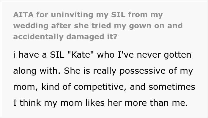 Woman Gets Called A “Psycho” For Uninviting Her SIL From Her Wedding As She Tried On Her Wedding Dress And Accidentally Ruined It Woman Gets Called A “Psycho” For Uninviting Her SIL From Her Wedding As She Tried On Her Wedding Dress And Accidentally Ruined It