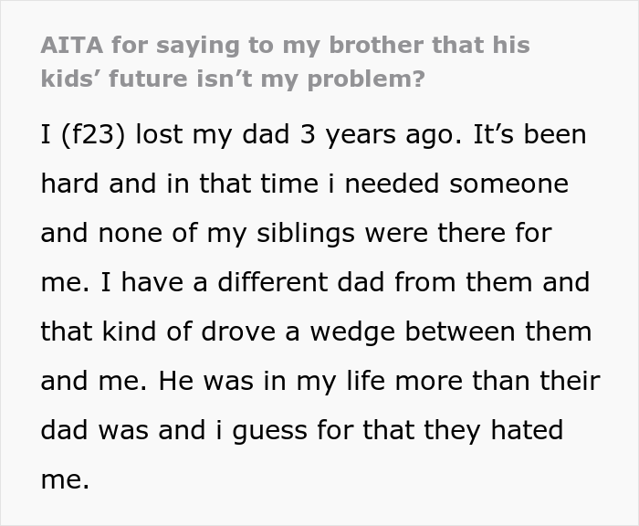 Woman Wants To Know If She&rsquo;s The Bad Guy For Telling Her Half-Brother That His Kids&rsquo; Future Isn&rsquo;t Her Responsibility