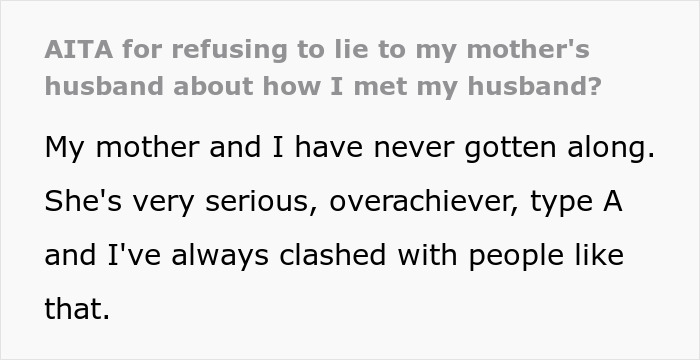 &ldquo;AITA For Refusing To Lie To My Mother&rsquo;s Husband About How I Met My Husband?&rdquo;