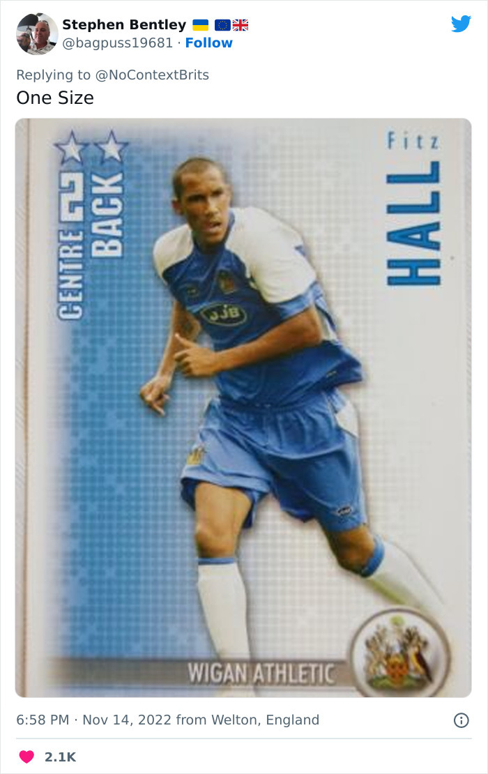 Twitter post showing a soccer trading card of Hall from Wigan Athletic, illustrating funny and witty nicknames shared by people.