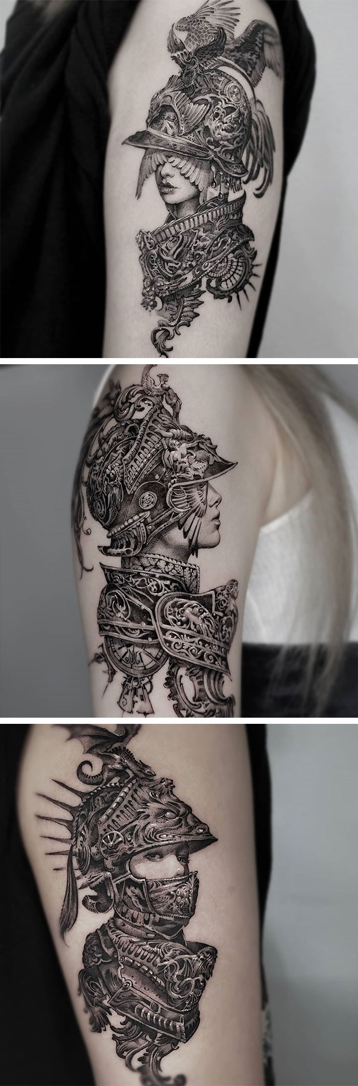 Intricate knight tattoo designs with detailed helmets and armor displayed on an arm.