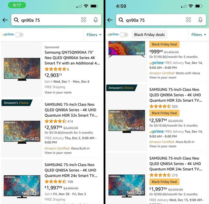 I Took A Screenshot Of A TV I Wanted So I Could Check Back During Black Friday And See If It Went On Sale. It’s The Same Price But Amazon Marked It As A “Black Friday Deal”