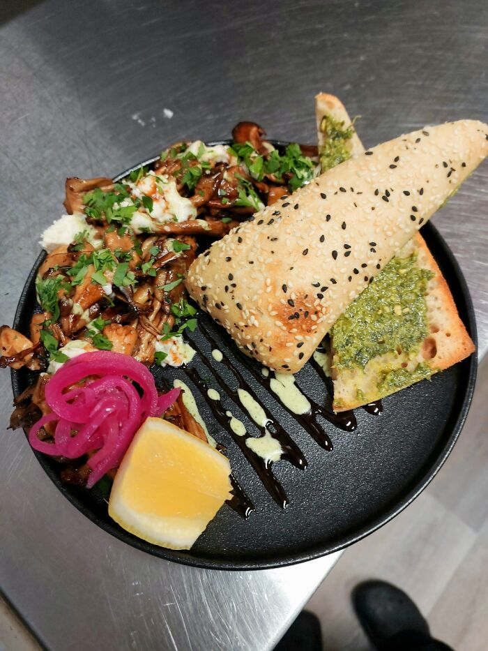 Mixed Mushrooms, Feta, Turkish Bread, Pesto, Pomegranate Molasses, Pickled Onion