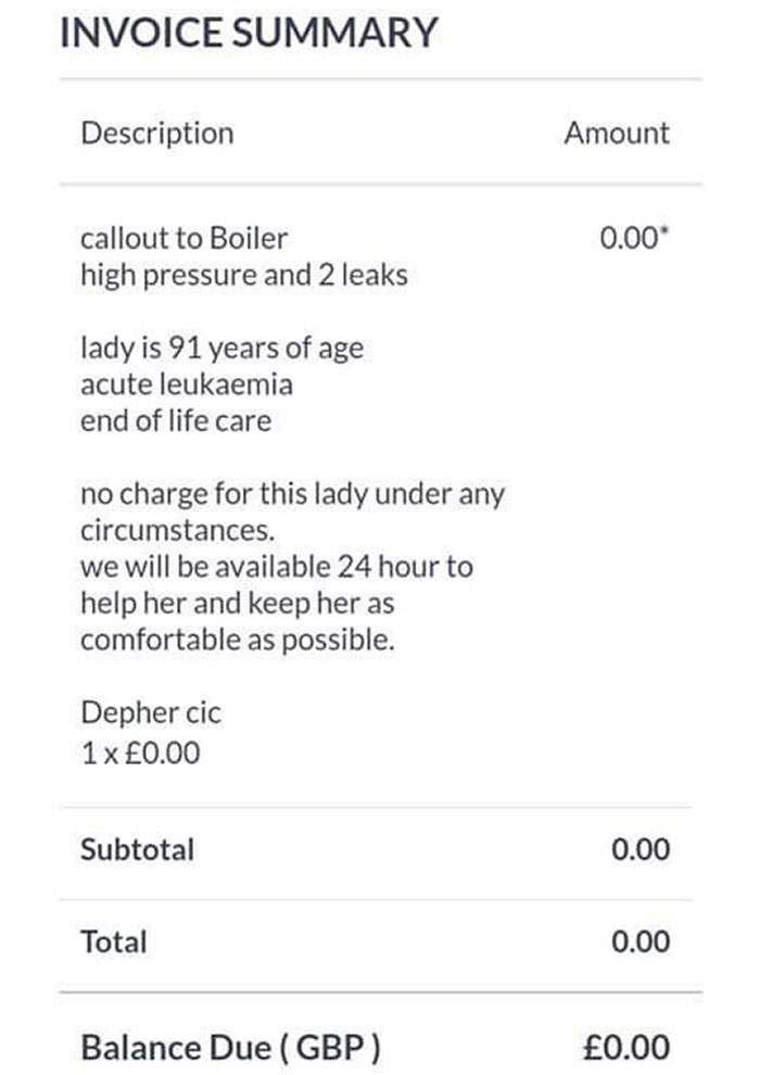 An Invoice From A Fantastic Gentleman Named James Anderson From The UK, After Fixing An Elderly Lady’s Boiler