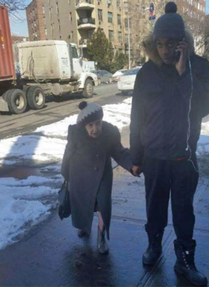 A Couple Of Months Ago, An Elderly Lady Asked Me To Walk Her Home Because She Was Scared She Was Going To Slip On The Ice. Now I Walk Her Home Almost Every Day