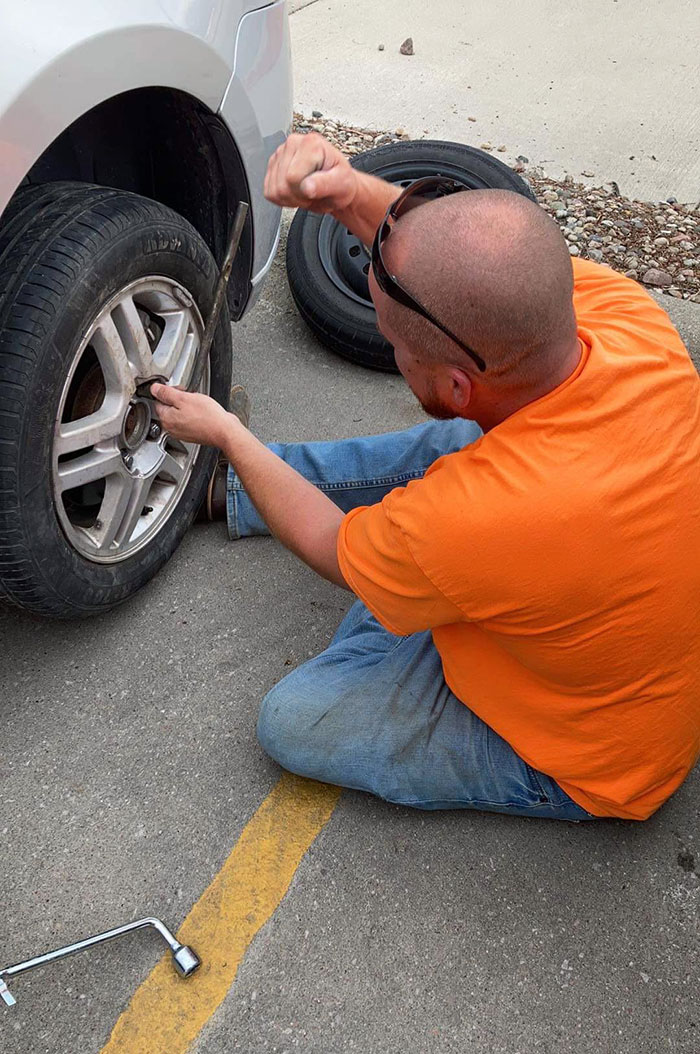 Our Donut Blew, Had A Tire In The Backseat But No Jack. This Awesome Guy Had A Jack And Was Kind Enough To Put It On